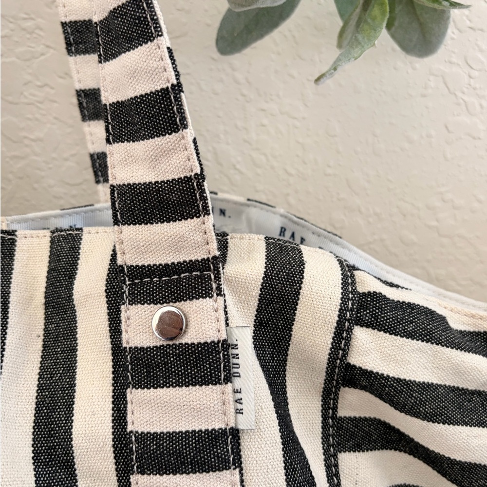 Rae Dunn Black White Striped Canvas Tote Bag Farmhouse Minimalist Shoulder Bag - Picture 3 of 13